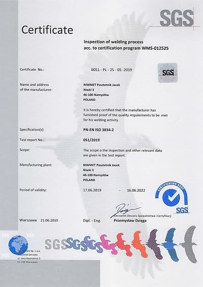 Certyfikat EN3834 NIWMET