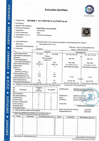 UPRAWNIENIA SPAWALNICZE - NIWMET Pasztetnik Jacek